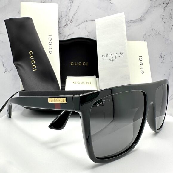 New GUCCI Sunglasses Black Square Aviator Gold Plate Engraved Logo Web Arm GUCCI